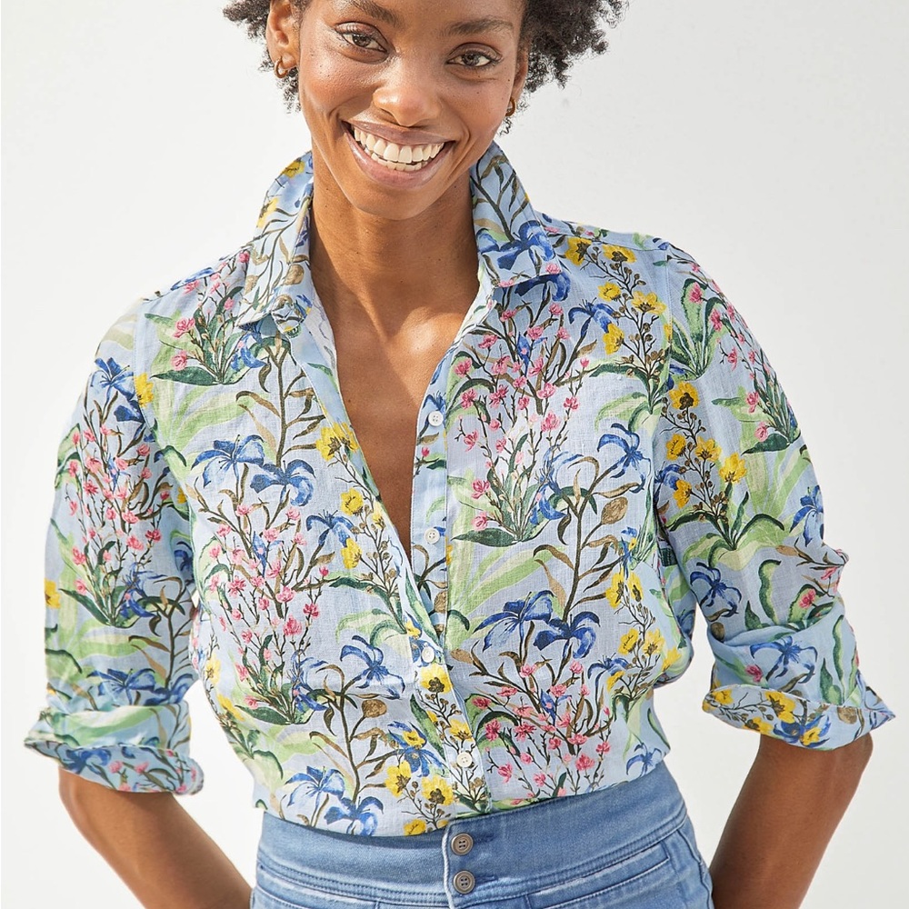 J. McLaughlin Britt Linen Shirt in Gardenside Lightblue Size S